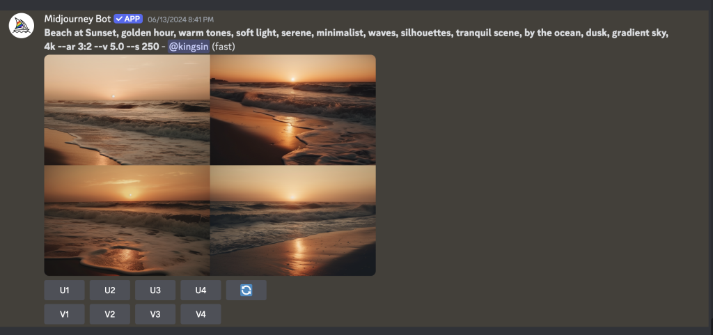 The screen capture image is from the MidJourney Bot on Discord, showing four photographs of a beach at sunset
